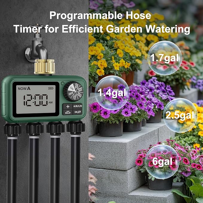4 Zones Brass Inlet Water Timer for Outdoor Garden Hose, Sprinkler Timer for Garden Faucet with Auto/Manual/Rain Delay Mode, Sprinkler Irrigation Controller for Yard Lawn