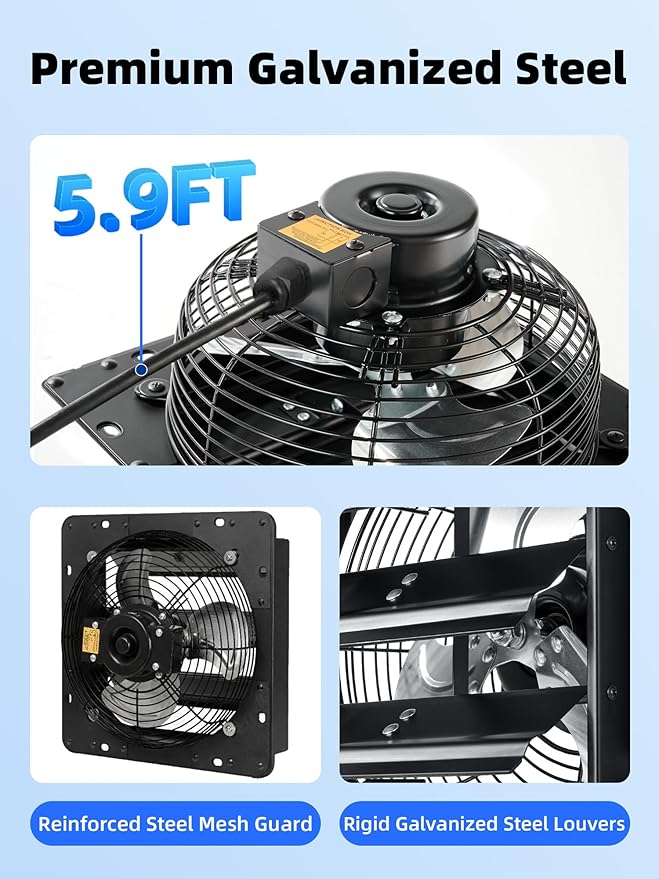 8 Inch Shutter Exhaust Fan, 760 CFM High-Speed Wall Mounted Exhaust Fan, 40dB Quiet Cooling Ventilation Attic Fan for Shed, Garage, Greenhouse, Basement, Chicken Coop, Generator Room, Black