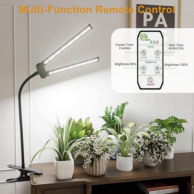 LED Grow Light,Super Bright 6000K White Full Spectrum Clip Plant Growing Lamp with Rotatable Dual Head for Indoor Desk Plants,Dimmable & Timer 4/8/12H,High Power Output for Faster Growth,1-Head