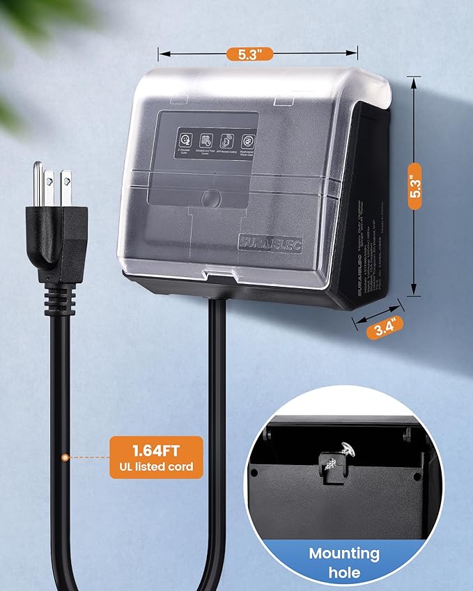 SURAIELEC WiFi Pool Timer for Above-Ground Pools, NEMA 5-15R Plug-in Timer with Dual Outlets, 15A 125V 1HP, Weatherproof PC Cover, Ideal for Pool Pumps, Filters, Lights and Salt Chlorination Systems