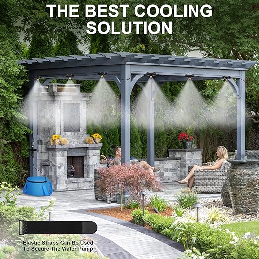 Portable Misting System with Pump, DIY 26FT(8M) Misting Line & 6 Brass Nozzles, 4-Gallon Water Bag, USB Rechargeable (4500mAh) Outdoor Cooling System for Patio, Camping, Golf Cart, Canopy