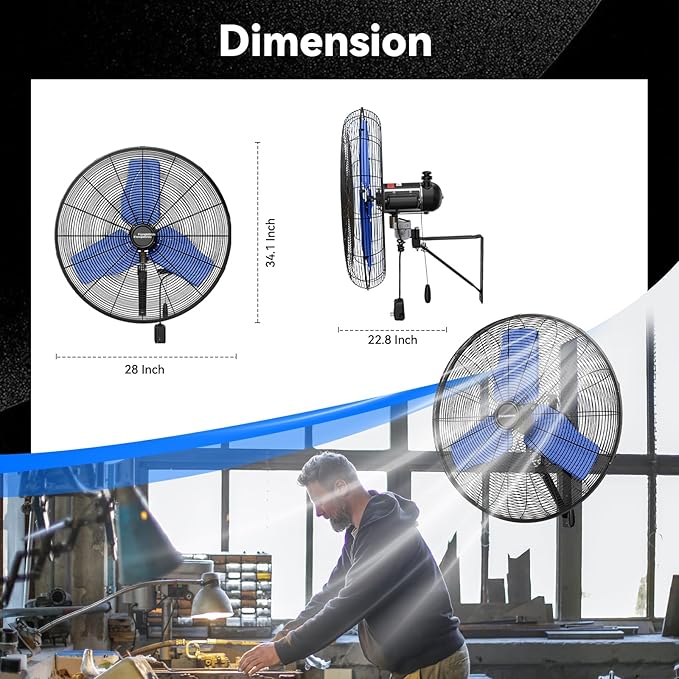 Pro 24" Industrial Wall Mount Fan, 9500 CFM High Velocity Metal Wall Fan, IP44 Waterproof Oscillating 3-Speed Outdoor Commercial Fan for Garage, Warehouse, Patio, Workshop