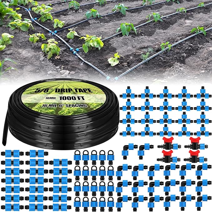 Tondiamo 1000 ft 5/8 Inch Drip Tape Irrigation Tubing Kit 16 Mil 6 Spacing Hose Garden Landscape Irrigation System Automatic Equipment for Farms