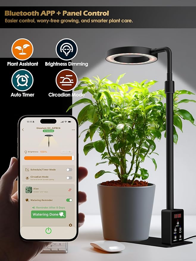 Smart Grow Lights for Indoor Plants, Plant Light with Auto-Timer, Full Spectrum LED Grow Light, Adjustable Height & Stepless Dimming,Plant Assistant Suitable for Most Plants (Black(Desktop1))