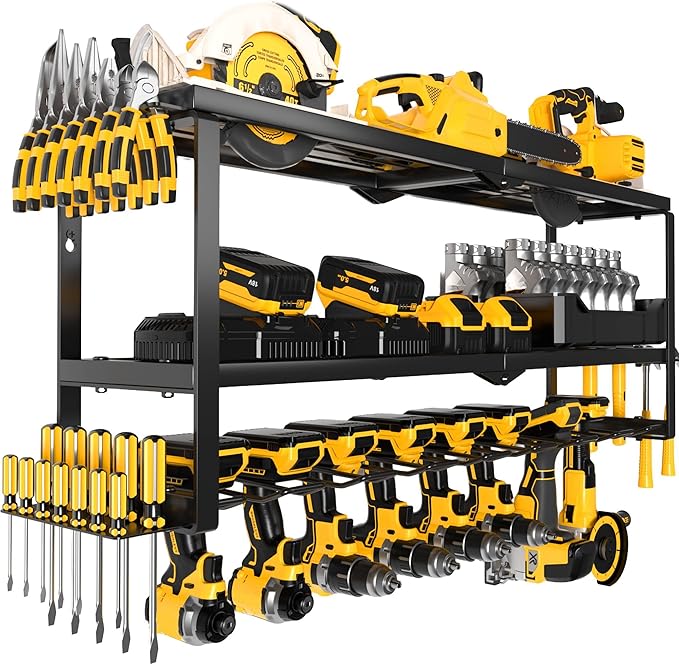 MOOMSINE Large Power Tool Organizer Wall Mount, Heavy Duty Metal Tool Storage Rack Loads 320lbs, 8 Cordless Drill Holder 3 Layer for Garage, Workshop, Tool Room, Gift for Men