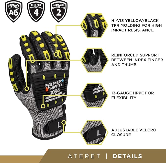 ATERET General Utility Work Gloves, Cut & Impact Protection, Lightweight & Breathable, All-Purpose Performance Fit, Durable