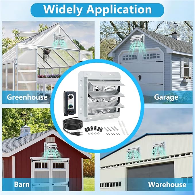 10 inch Shutter Exhaust Fan with Speed & Thermostat Control, 1200 SQ.Ft Coverage Area, 820 CFM, Upgrade Wall Mount Attic Vent Fan for Greenhouse, Garage, Chicken Coops Ventilation Fans
