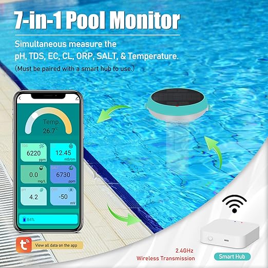 Digital Pool Water Tester, 7-in-1 Smart Floating Meter, WiFi Enabled, Tests pH, Chlorine, Salinity, ORP, EC, TDS, Temperature