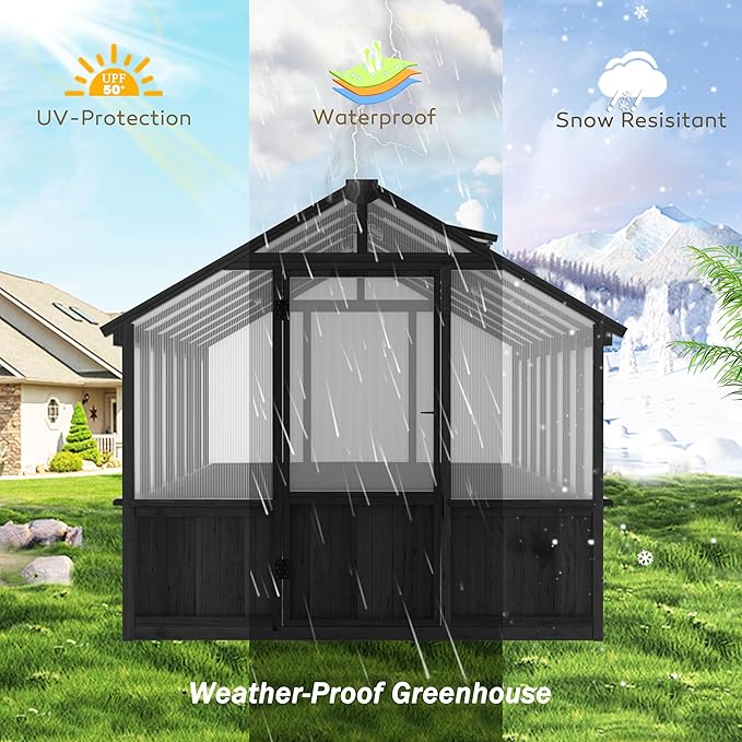 Yardenaler 8x14 FT Outdoor Greenhouse Kit, Wooden Greenhouses for Outdoors Walk-in Green House with 6MM Thick Polycarbonate Panel & Adjustable Roof Vents, Backyard Garden, Black