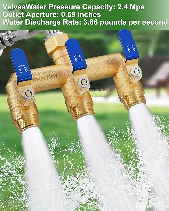 3 Way Hose Splitter, Heavy Duty Full Flow Garden Water Hose Bib Spigot Splitter, Brass Rust and Freeze Resistant Outdoor Faucet Splitter, T Adapter Connector with 3/4 - Inch GHT Thread （Blue）