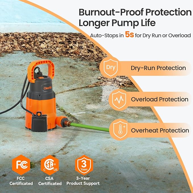 Cleartide 1/3 HP Submersible Utility Pump, 2790 GPH High Flow, Thermoplastic Portable Sump Pump with Auto Water Sensor, Ideal for Flooded Basement & Yard, Hot Tub, Pond & Garden Draining, 10 FT Cord