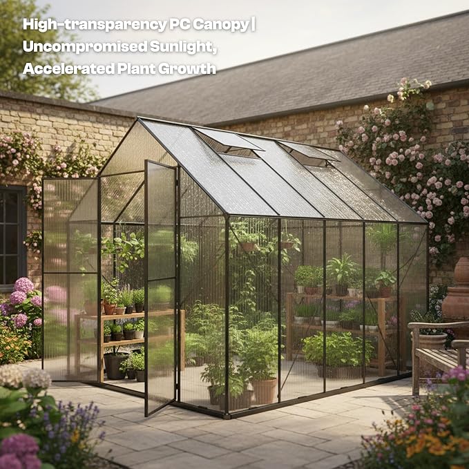 Kingdura 8x10ft Walk-in Greenhouse for Outdoors, Large Polycarbonate Greenhouses with Heavy Duty Aluminum Frame, Adjustable Roof Vent, Lockable Door, UV Protection for Outside Garden Backyard