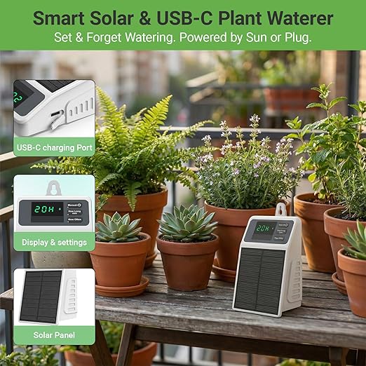Automatic Solar drip Irrigation System (Solar/USB-C Dual Power), DIY Solar Watering System with Programmable Timer for 10 Potted Plants, IPX5 Auto Watering Kit for Indoor, Balcony, Garden & Vacation
