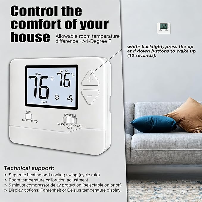 Heagstat Non Programmable Thermostat, Single-Stage 1 Heat 1 Cool, Simple Digital Thermostats for Home