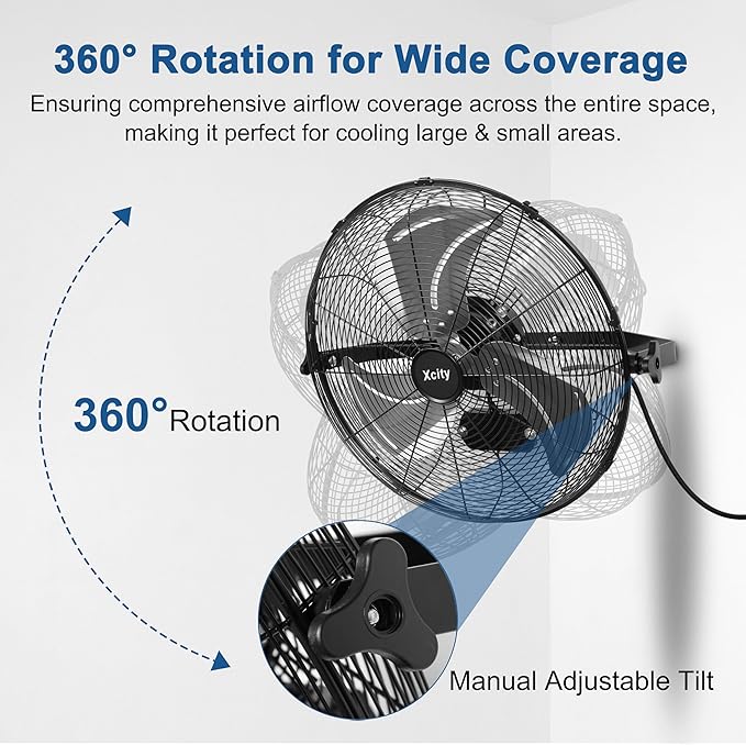 Xcity 24 Inch Metal Wall Mounted Fan, Max 7600 CFM High Velocity Industrial Wall Mount Fan With 3 Speeds & 360° Adjustable Tilt for Commercial, Garages, Workshops