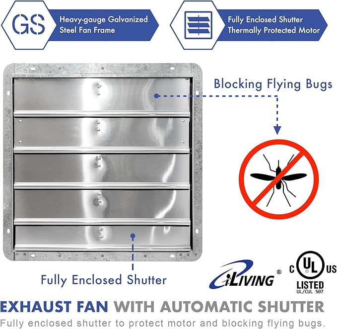 iLiving New Upgraded 20" Wall Mounted Exhaust Fan - Automatic Shutter - Variable Speed - Vent Fan For Home, Attic, Shed, or Garage Ventilation, 115V, 2.2A, Silver
