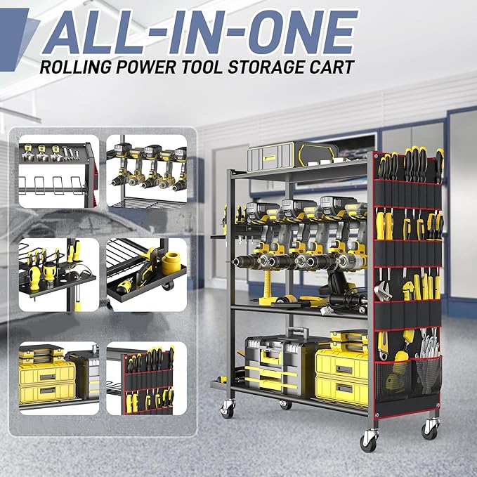 WALMANN 4-Tier Rolling Power Tool Storage Cart, Large Drill Organizer with Slots for 12 Drills, Floor Standing Cordless Tool Rack with Wheels for Garage & Workshop