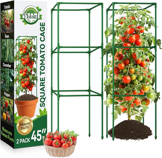 Halatool 2 Pack 45in Tomato Cages for Garden, Heavy Duty Adjustable Square Tomato Trellis for Climbing Plants – Green Plant Support Stakes for Vegetables Flowers Fruits & Raised Bed Outdoor