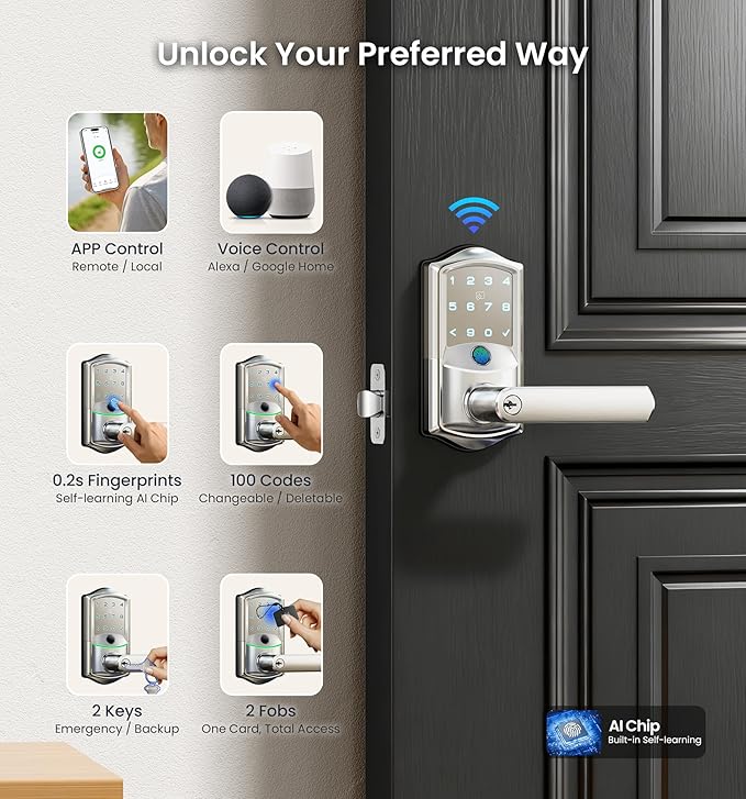 Veise VE029 WiFi Smart Lever Lock, Fingerprint Keyless Entry Door Lock with Handle, Built-in WiFi, Remote App Control, Electronic Digital Knob for Front Door and Bedroom, IP65 Waterproof, Satin Nickel
