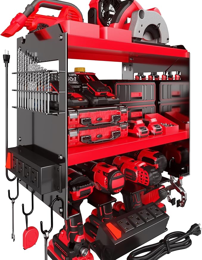 Spampur Power Tool Organizer Wall Mount with Charging Station, Tool Battery Holder with 4 Outlet Power Strip, 15 Min Assembly & Maximum 100lb Load by Heavy Duty Metal, 4 Slots for Cordless Drill