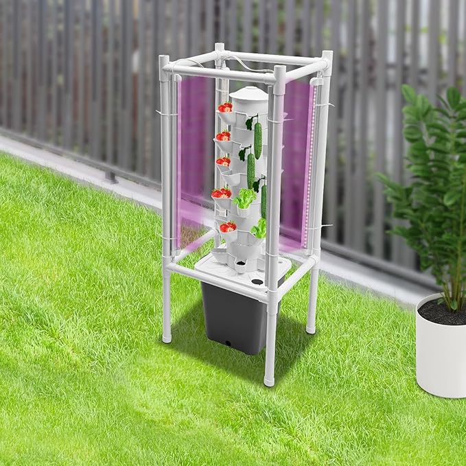 Hydroponic Growing Kit, 6 Layer 30 Planting Point Hydroponic Grow Tower with 4 LED Lamps, Vertical Tower Planter Germination Kit, Hydroponics Growing System for Garden, Office, Balcony (Gray)