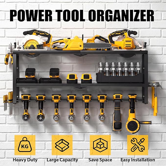 MOOMSINE Large Power Tool Organizer Wall Mount, Heavy Duty Metal Tool Storage Rack Loads 320lbs, 8 Cordless Drill Holder 3 Layer for Garage, Workshop, Tool Room, Gift for Men