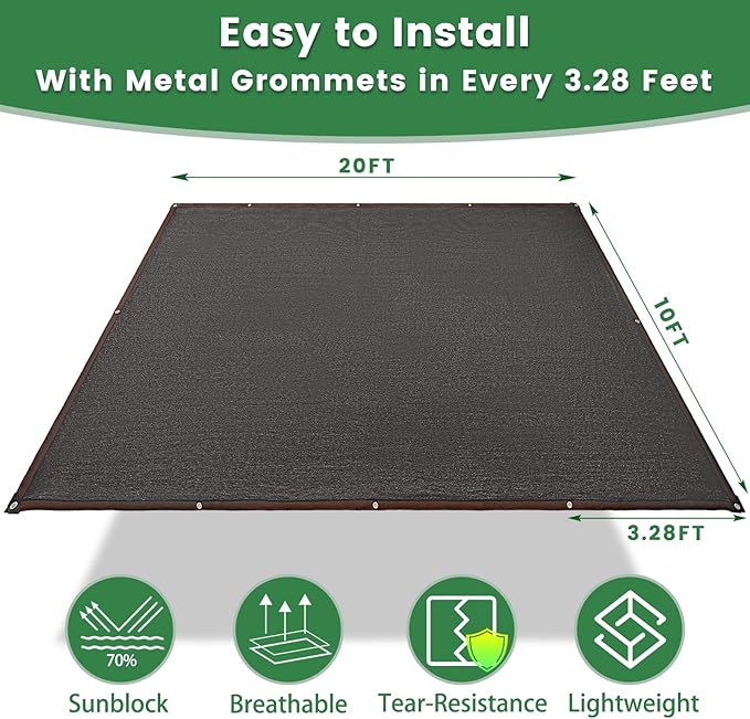 70% Shade Cloth, 10FTx20FT HDPE Mesh Tarp with Reinforced Grommets, Outdoor Sun Shade Net for Greenhouse, Plants, Garden, Pergola, Patio, Chicken Coop (10FT*20FT)