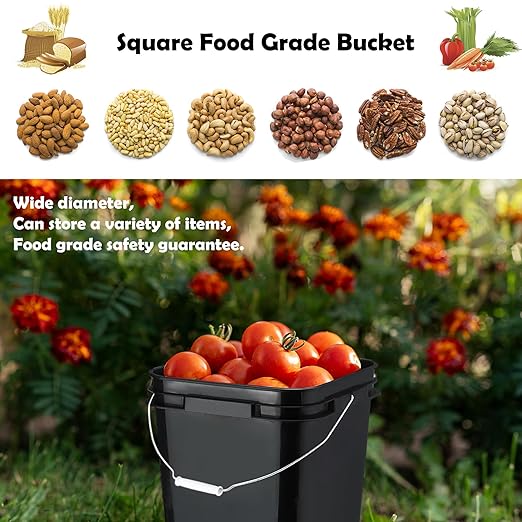 5 Gallon Bucket with Lid, Square Food Grade Plastic Pail with Metal Handles, Heavy Duty Industrial Storage Containers with Stickers, Rubber Mallet, Lid Opener (6 Pack, Black)