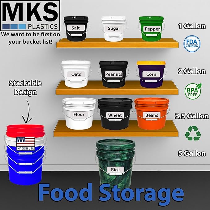 MKS Plastics 5-Gallon Bucket with Airtight Lid – Made in USA, Food Grade BPA Free Plastic, Heavy Duty Multi-Use, Metal Handle with Grip, Stackable Storage – Mystery Swirl, 6 Pack
