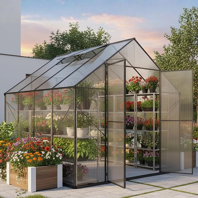 Kingdura 8x8ft Walk-in Greenhouse for Outdoors, Large Polycarbonate Greenhouses with Heavy Duty Aluminum Frame, Adjustable Roof Vent, Lockable Door, UV Protection for Outside Garden Backyard