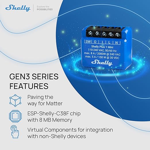 Shelly 1 Mini Gen3, WiFi & Matter Smart Relay Switch with Dry Contacts, 1-Channel 8A, Compatible with Alexa, Home Assistant, SmartThings & Google Home, DYI Garage Door Opener, No Hub Required (2 pack)