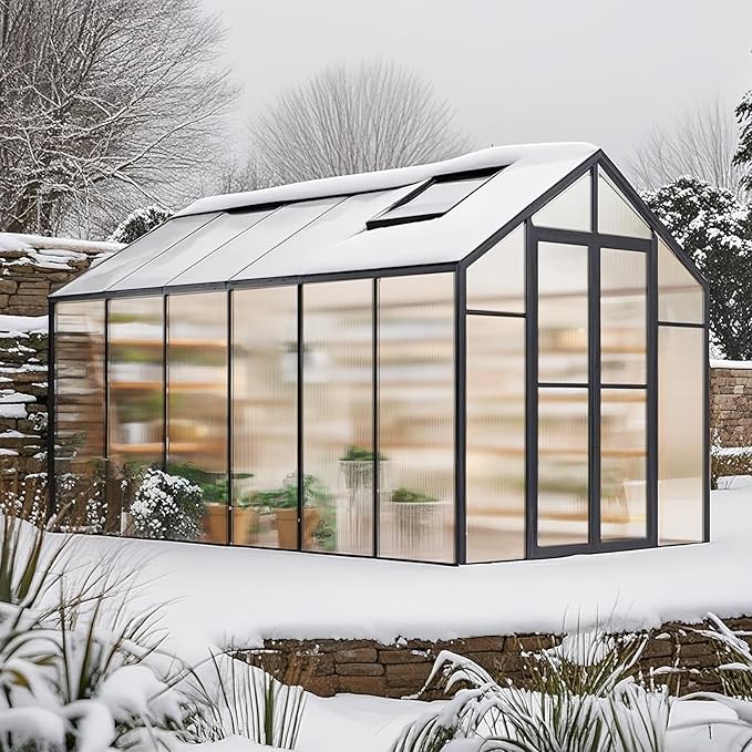 VEVOR Polycarbonate Greenhouse, 8 x 12 Ft, Outdoor Greenhouse with 2 Vent Windows, Pavilion Styled with Hinged Door, Aluminum Large Walk-in Greenhouse Kit for Outside Garden Backyard