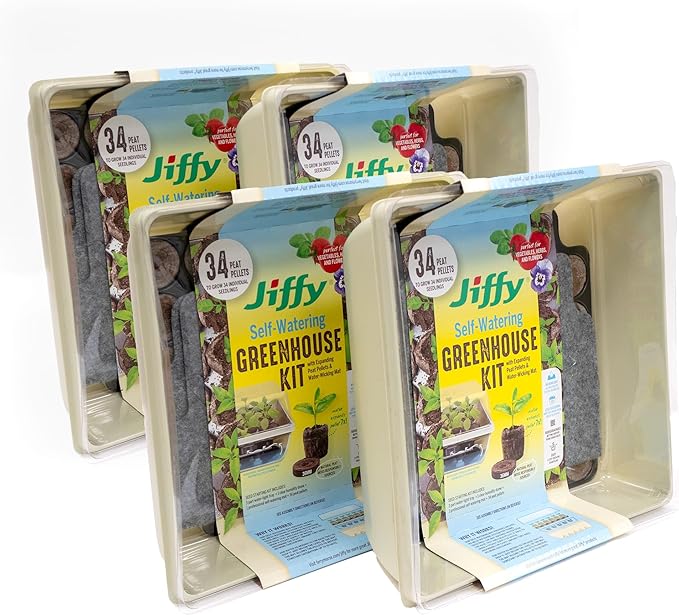 Jiffy Seed Starter Tray Kit - Self-Watering, High Germination Rate, Seedling Tray - 4 Pack - Peat/Plastic