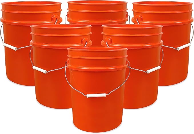 ePackageSupply 5 Gallon Bucket - Food Grade Bucket, Metal Handle Grip, BPA-Free, Heavy-Duty 90 Mil HDPE Plastic Pail, Stackable Utility Container, Made in USA, Lid Not Included, Orange, 6 Packs