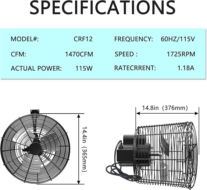Greenhouse Circulation Fan Air Circulation Fan 1/10 HP 115V Ceiling Wall Mount Fan High Speed Circulation Fan for Greenhouse, Warehouse, Patio, Garage 1470CFM, ETL Listed