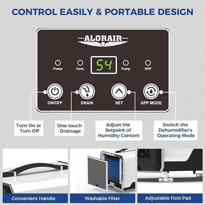 ALORAIR 70 Pints Crawl Space Dehumidifier with Pump and Drain Hose, Compact Basement & Commercial Dehumidifier for Water Damage Restoration, Covers Up to 1,000 Sq. Ft., 5-Year Limited Warranty