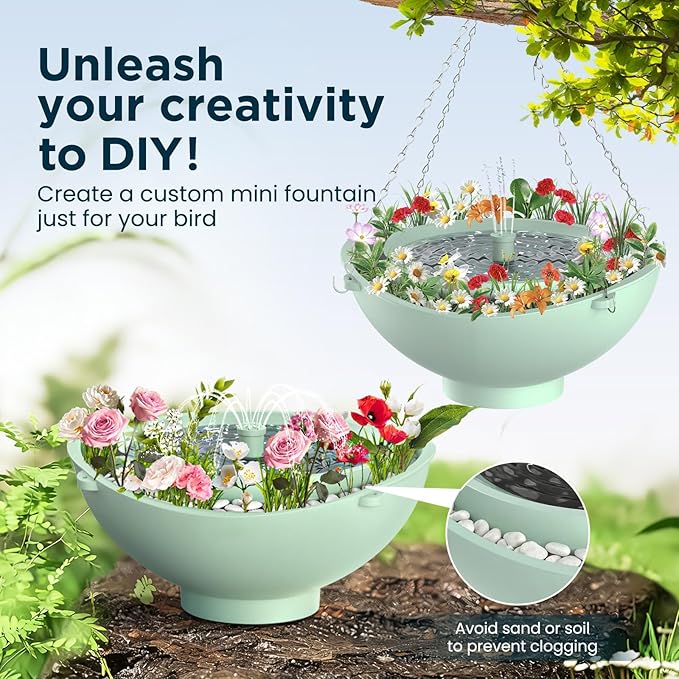 Rywell Solar Bird Bath with 3 Spray Modes, 2L Large Capacity Solar Fountain, Hanging/Standing Bird Bath with Filter & Auto Shut-Off, Quiet Pump for Garden Yard Outdoor