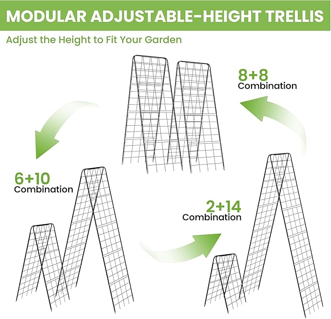 Garden Trellis for Cucumbers, 50 x 16 Inch Adjustable A-Frame Plant Support for Climbing Plants Outdoor, Vegetable, Flowers, Heavy Duty 1cm Metal Vegetable Trellis for Backyard, Raised Bed, Patio