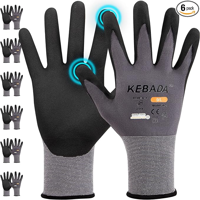Kebada W2-6 Pairs Safety Work Gloves MicroFoam Nitrile Coated, Breathable & Full Touchscreen Seamless Knit Nylon Gloves for Precision Work, Automotive Tech & Logistics, Medium
