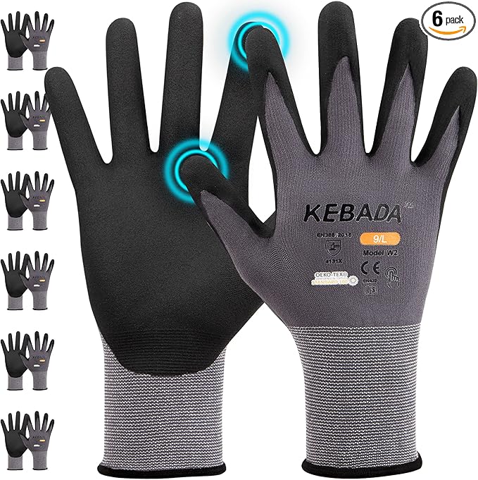 Kebada W2-6 Pairs Safety Work Gloves MicroFoam Nitrile Coated, Breathable & Full Touchscreen Seamless Knit Nylon Gloves for Precision Work, Automotive Tech & Logistics, XX-Large