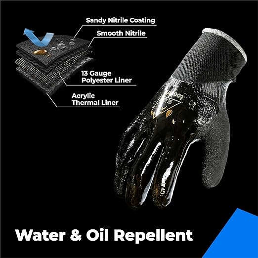 toolant Waterproof Gloves for Men and Women, Freezer Gloves with Grip, Double Nitrile Dipped for Extreme Oil Repellent, for Construction, Mechanics, Mining, Plumbing, Black, Medium