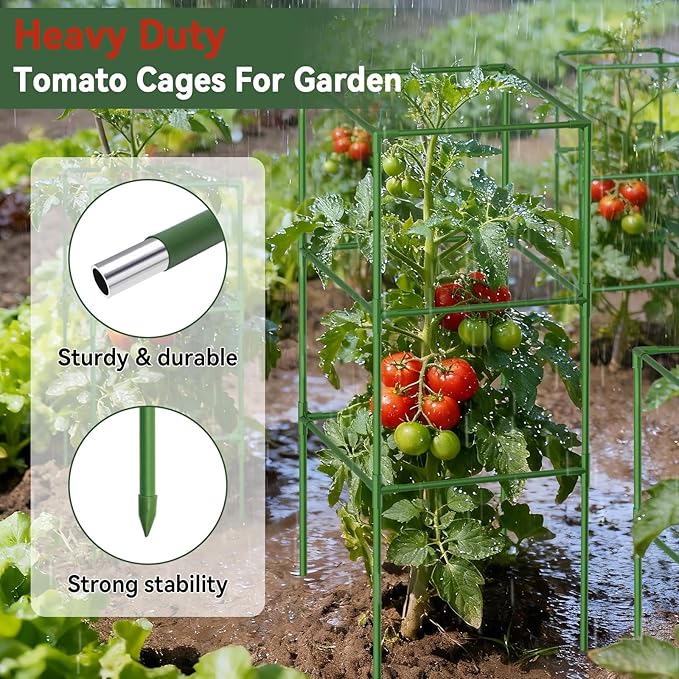 Halatool 2 Pack 60in Square Tomato Cages for Garden, Heavy Duty Adjustable Metal Tomato Trellis for Climbing Plants – Green Plant Support Stakes for Vegetables Flowers Fruits & Raised Bed Outdoor