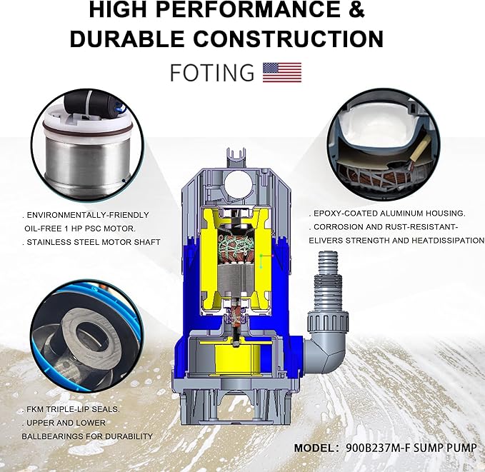 FOTING 1.5HP Sump Pump, 6300GPH High Flow Clean&Dirty Submersible Water Pump with Float Switch, Thermoplastic Electric Portable Utility Pump for Pool Draining Hot Tub Garden Basement