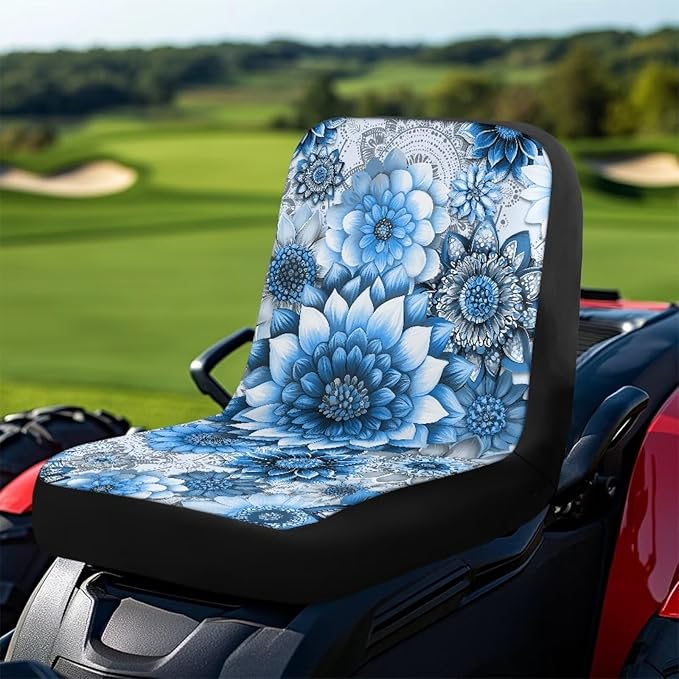 Blue Bright Boho Flower Universal Riding Lawn Mower Seat Cover, Waterproof Seat Protector Cover Fits Tractor Seat Backrests Without Armrests