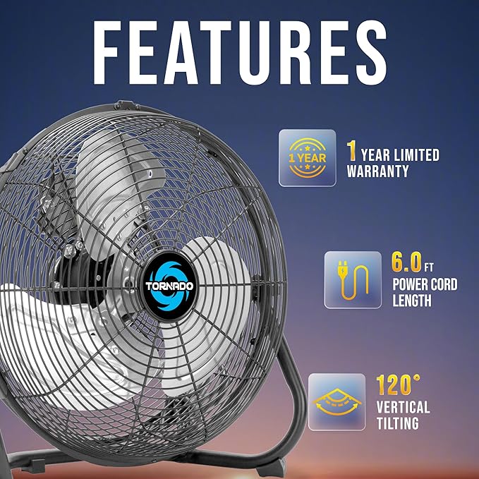 Tornado 12 Inch High Velocity Floor Fan, Heavy Duty Metal Industrial Fans, 3 Powerful Speed, 120° Adjustable Tilting 6.0 FT Cord - 2 Pack, Black