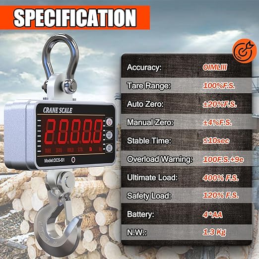 YATOINTO 1000kg/2000lb Digital Crane Scale - Heavy-Duty Industrial Hanging Scale With Remote Control, Smart Type LED Display, CE Certified Electronic Weighing (Silver)