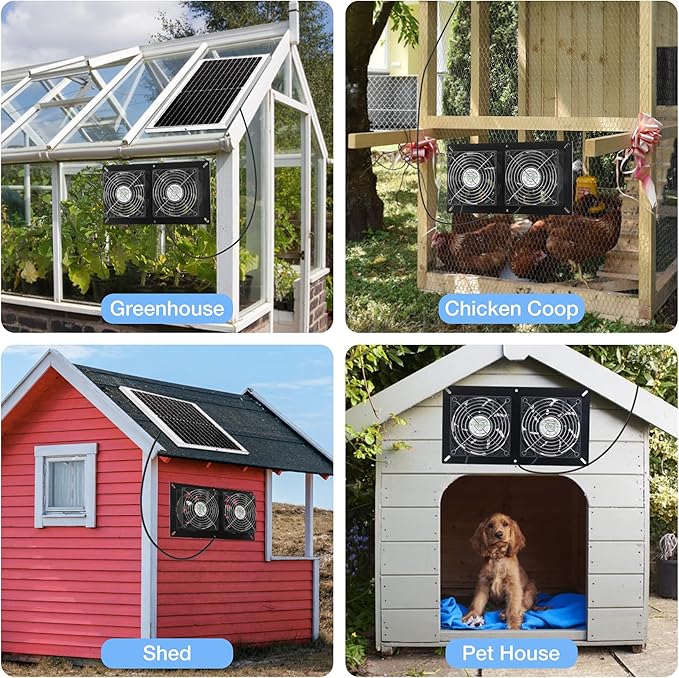 Fanspex Solar 2 Fan Kit, Waterproofed Solar Powered Fans for Outdoor Chicken Coop, Greenhouse & Shed Intake or Exhaust Air