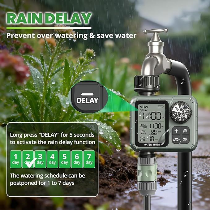 Water Timer for Garden Hose Sprinkler Timer with Rain Delay/Manual/Automatic Mode Hose Timers for Watering Drip Irrigation System for Lawn Yard Garden, Daily and Holiday Outings