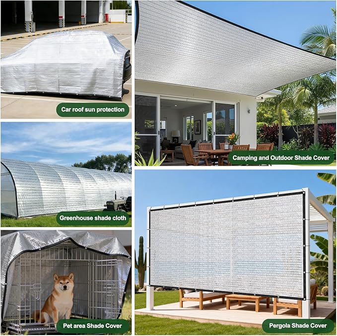 Aluminet Shade Cloth, 85% Heat Reflective Tarp for Blocking Sun with Reinforced Stainless Steel Grommets for Pergola Shade Cover, Garden, Cars, Dogs, Greenhouse, 10x12FT