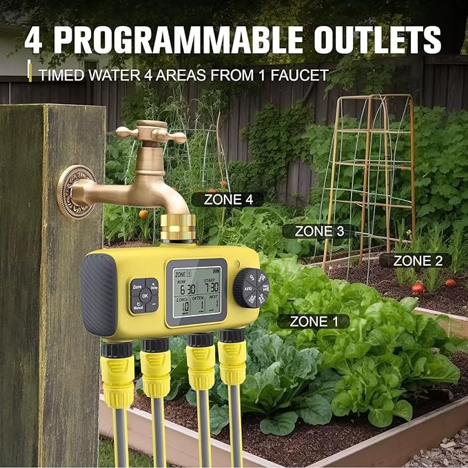 RiToEasysports Irrigation Timer, Intelligent Control, 4 Zone Watering Timer, Rain Delay, 3/4in Brass Inlet for Yard Lawn 40.1°F to 113°F